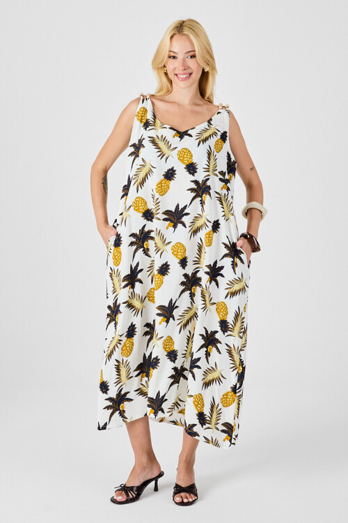 Ekru Askılı Boncuk Detaylı Çift Cepli Desenli Salaş Elbise BCVL-254027