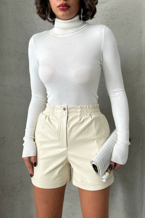 Ekru Beli Lastikli Suni Deri Şort BCHN-25261007