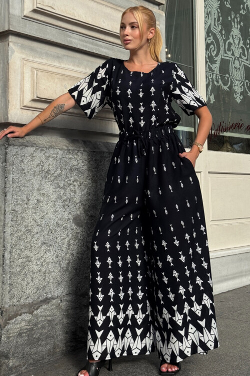 Ekru Bisiklet Yaka Desenli Bluz Ve Pantolon Takım BCVL-254002