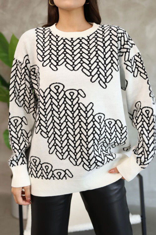 Ekru Bisiklet Yaka Desenli Triko Kazak BCES-252046