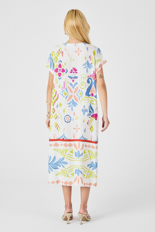 Ekru Desenli Desenli V Yaka Midi Boy Elbise BCVL-254007