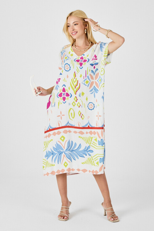 Ekru Desenli Desenli V Yaka Midi Boy Elbise BCVL-254007