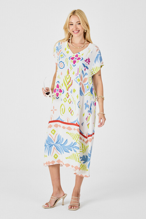 Ekru Desenli Desenli V Yaka Midi Boy Elbise BCVL-254007