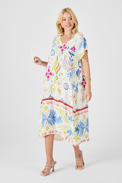 Ekru Desenli Desenli V Yaka Midi Boy Elbise BCVL-254007