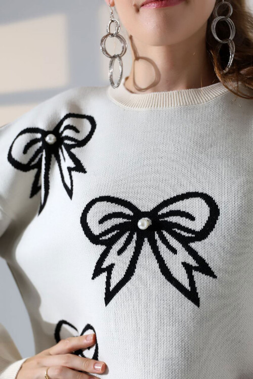 Ekru Fiyonk Desenli Triko Kazak BCES-252045