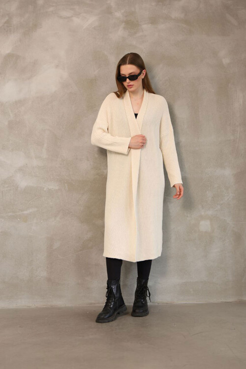 Ekru Maxi Boy Triko Hırka BCES-252037