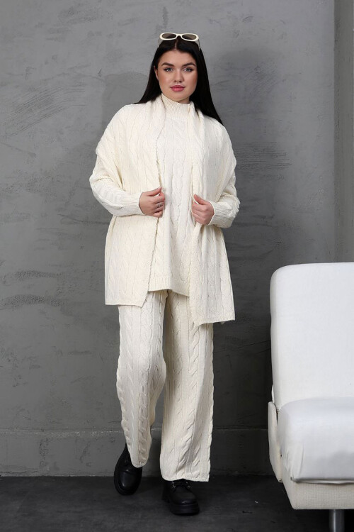 Ekru Örgü Motifli Kazak Hırka Ve Pantolon 3 Lü Triko Takım BCES-252031