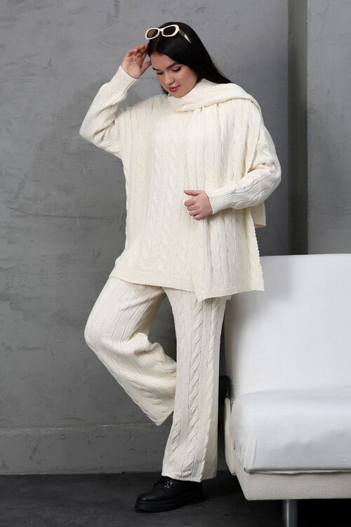 Ekru Örgü Motifli Kazak Hırka Ve Pantolon 3 Lü Triko Takım BCES-252031