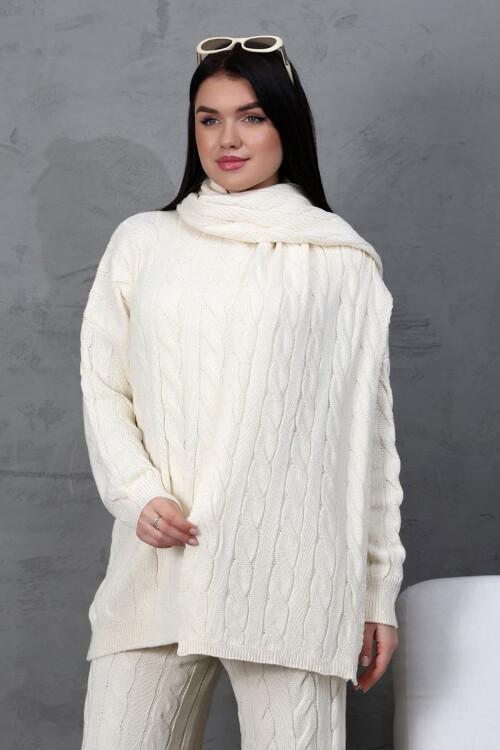 Ekru Örgü Motifli Kazak Hırka Ve Pantolon 3 Lü Triko Takım BCES-252031