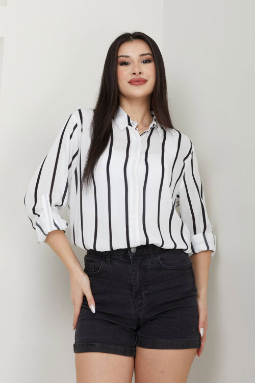 Ekru-Siyah Çizgili Basic Pamuk Dokuma Gömlek BCAYN-254003