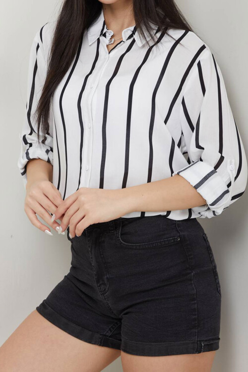Ekru-Siyah Çizgili Basic Pamuk Dokuma Gömlek BCAYN-254003