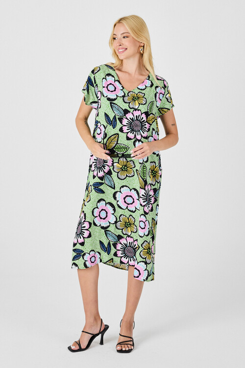 Fıstık Yeşili Derin V Yaka Çiçek Desenli Midi Boy Elbise BCVL-254005