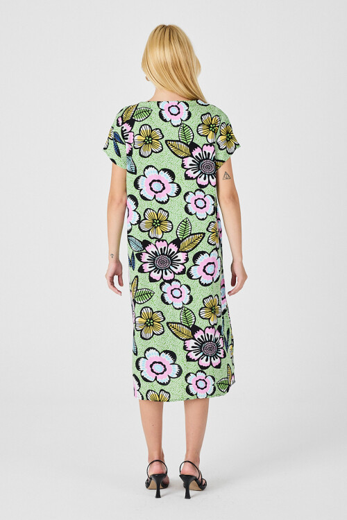 Fıstık Yeşili Derin V Yaka Çiçek Desenli Midi Boy Elbise BCVL-254005