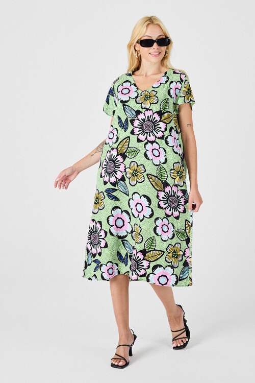 Fıstık Yeşili Derin V Yaka Çiçek Desenli Midi Boy Elbise BCVL-254005