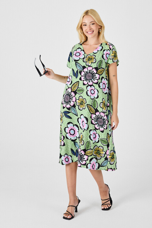 Fıstık Yeşili Derin V Yaka Çiçek Desenli Midi Boy Elbise BCVL-254005