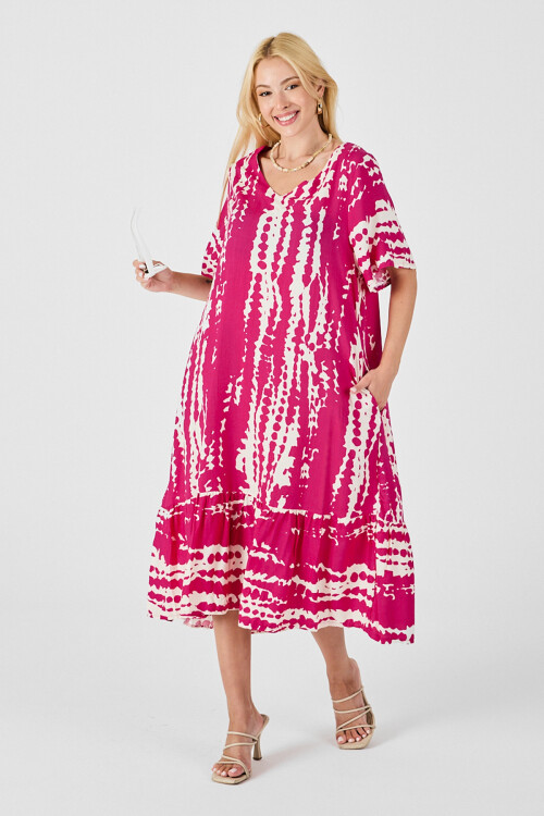 Fuşya Batik Desenli V Yaka Eteği Volanlı Oversize Elbise BCVL-254023