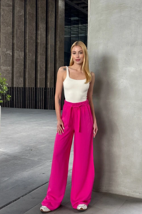 Fuşya Beli Bağlamalı Bol Kesim Palazzo Yazlık Pantolon