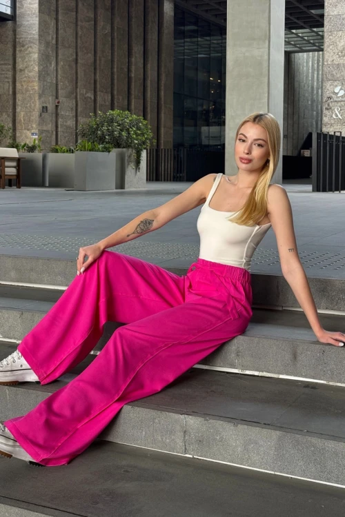 Fuşya Beli Bağlamalı Bol Kesim Palazzo Yazlık Pantolon