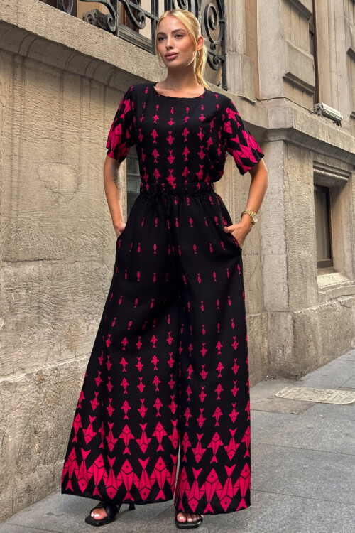 Fuşya Bisiklet Yaka Desenli Bluz Ve Pantolon Takım BCVL-254002