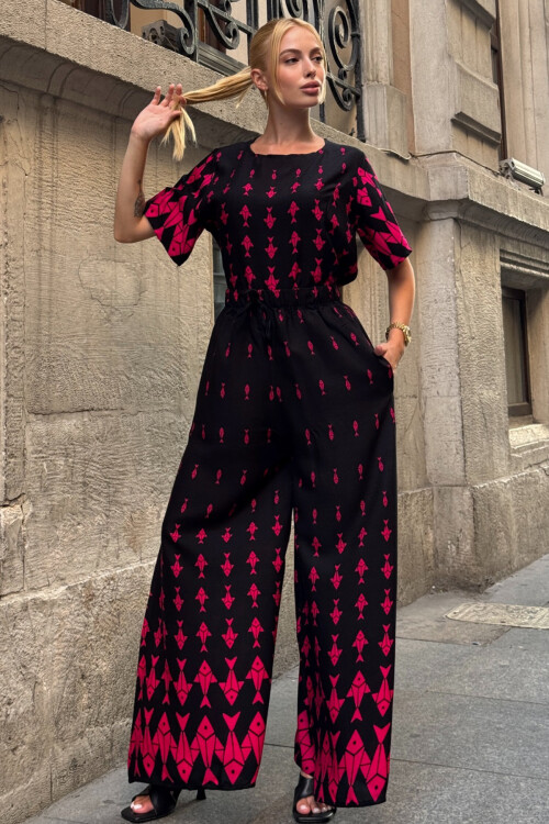 Fuşya Bisiklet Yaka Desenli Bluz Ve Pantolon Takım BCVL-254002