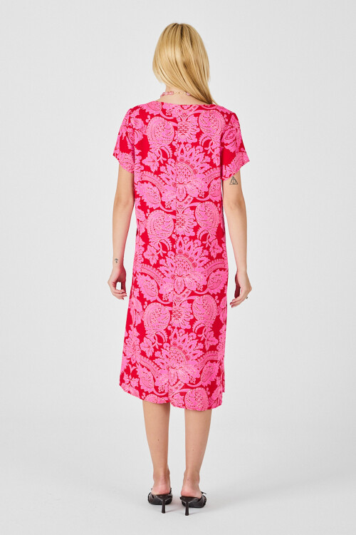 Fuşya Desenli V Yaka Kısa Kollu Midi Boy Elbise BCVL-254015