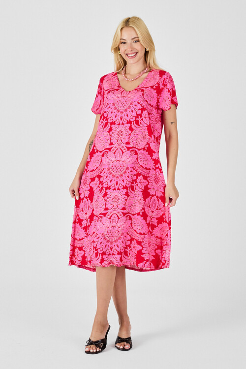 Fuşya Desenli V Yaka Kısa Kollu Midi Boy Elbise BCVL-254015