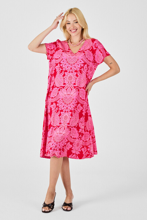 Fuşya Desenli V Yaka Kısa Kollu Midi Boy Elbise BCVL-254015