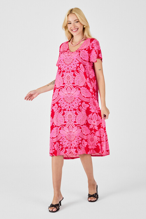 Fuşya Desenli V Yaka Kısa Kollu Midi Boy Elbise BCVL-254015