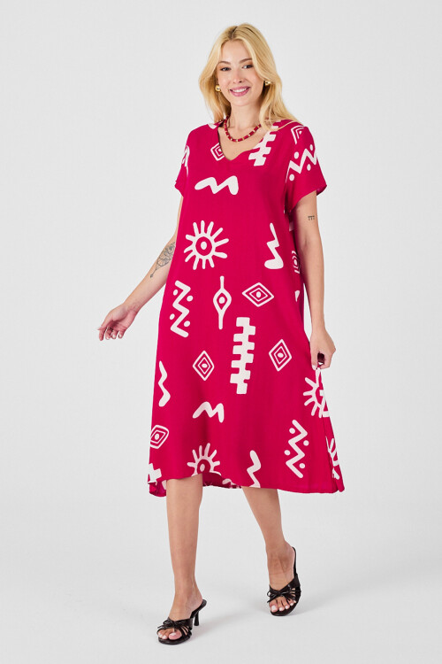 Fuşya Desenli V Yaka Kısa Kollu Yırtmaçlı Midi Boy Elbise BCVL-254013