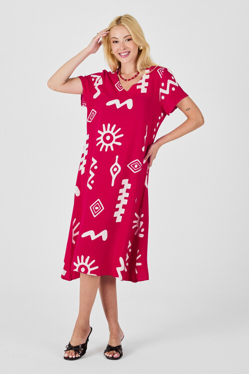 Fuşya Desenli V Yaka Kısa Kollu Yırtmaçlı Midi Boy Elbise BCVL-254013