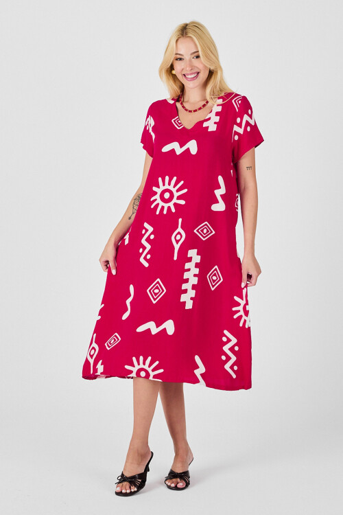 Fuşya Desenli V Yaka Kısa Kollu Yırtmaçlı Midi Boy Elbise BCVL-254013