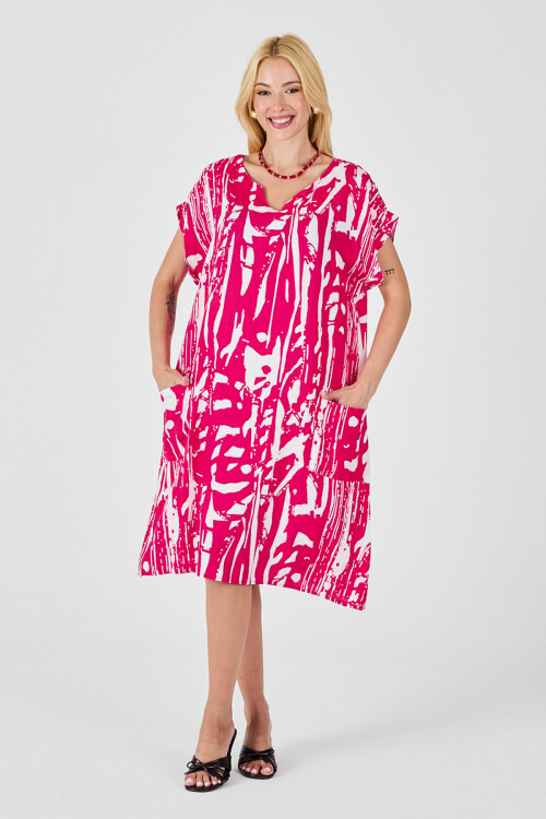 Fuşya Desenli V Yaka Yarasa Kol Oversize Midi Elbise BCVL-254019