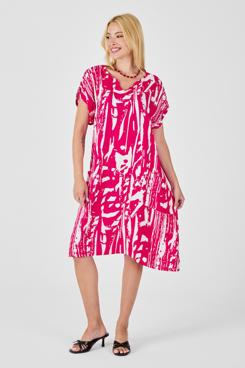 Fuşya Desenli V Yaka Yarasa Kol Oversize Midi Elbise BCVL-254019