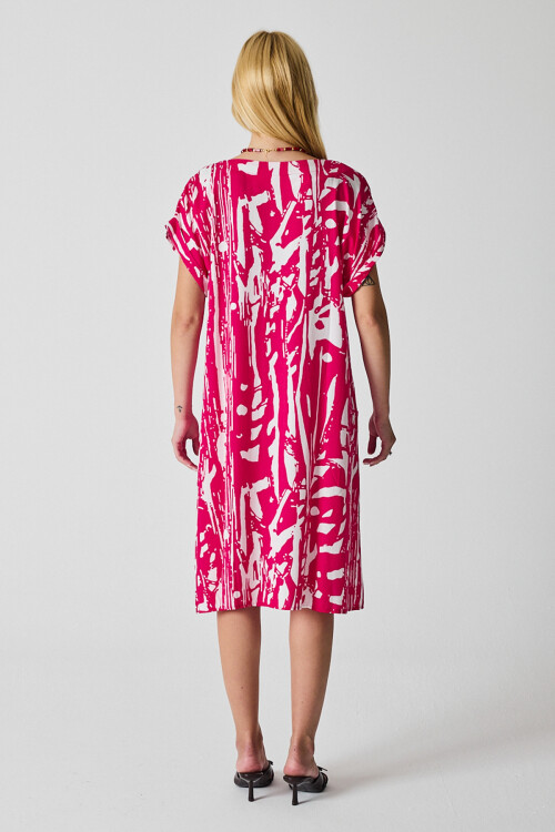 Fuşya Desenli V Yaka Yarasa Kol Oversize Midi Elbise BCVL-254019