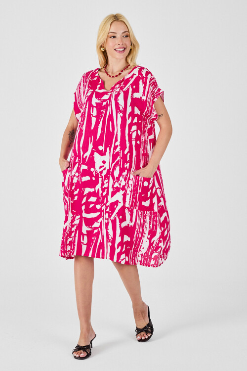 Fuşya Desenli V Yaka Yarasa Kol Oversize Midi Elbise BCVL-254019