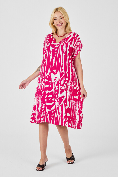 Fuşya Desenli V Yaka Yarasa Kol Oversize Midi Elbise BCVL-254019