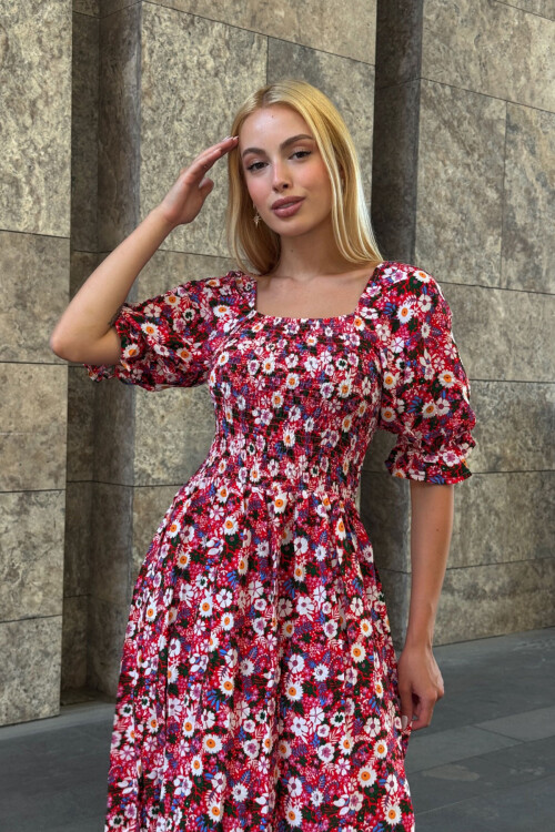 Fuşya Kare Yaka Beli Gipeli Çiçek Desenli Dokuma Yazlık Elbise BCVL-25V095