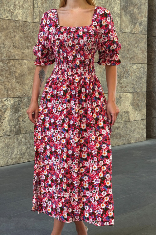 Fuşya Kare Yaka Beli Gipeli Çiçek Desenli Dokuma Yazlık Elbise BCVL-25V095