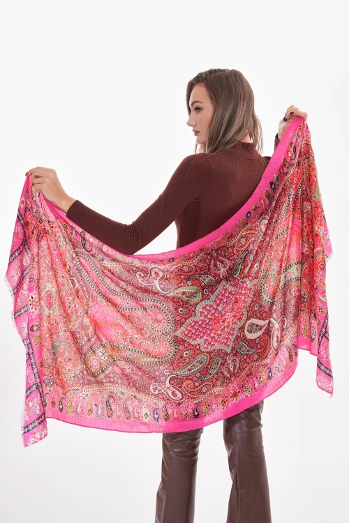 Fuşya Patchwork Desenli Fransa Kumaşı Varaklı Şal BCNSV-2515176