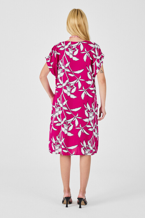 Fuşya Tropik Desenli V Yaka Oversize Midi Elbise BCVL-254021