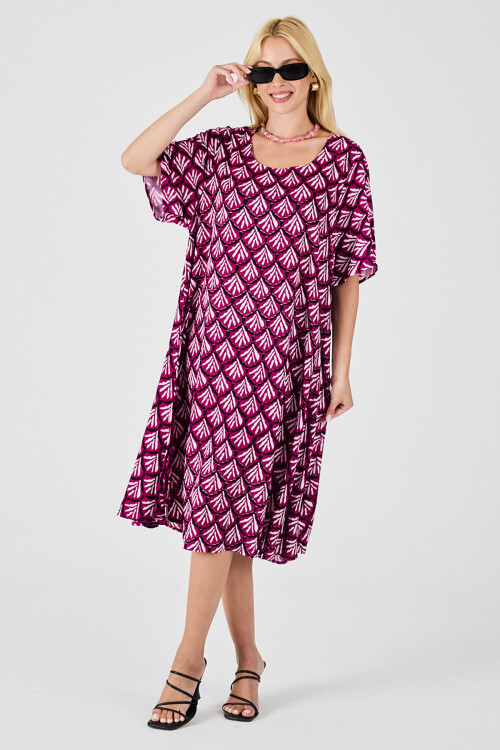Fuşya U Yaka Kısa Kollu Midi Boy Desenli Elbise BCVL-254010