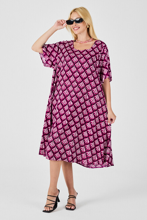 Fuşya U Yaka Kısa Kollu Midi Boy Desenli Elbise BCVL-254010