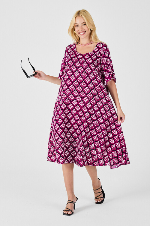 Fuşya U Yaka Kısa Kollu Midi Boy Desenli Elbise BCVL-254010
