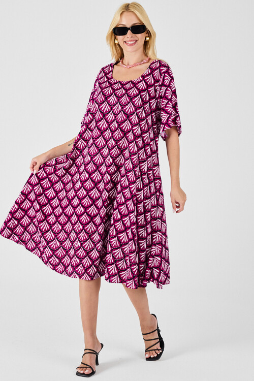 Fuşya U Yaka Kısa Kollu Midi Boy Desenli Elbise BCVL-254010