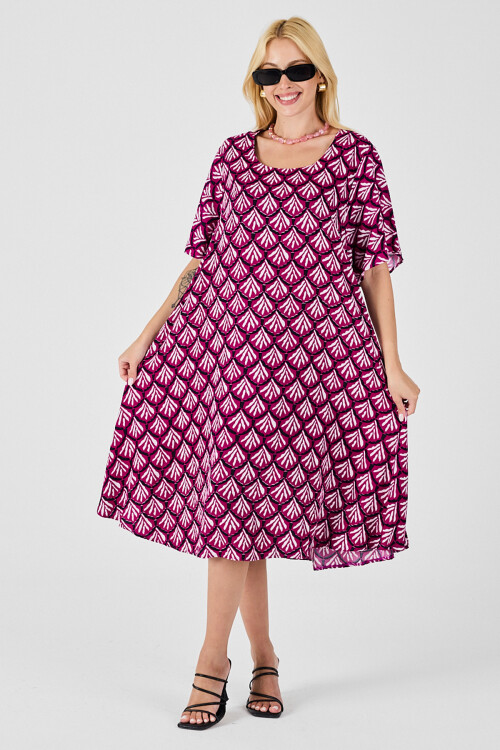 Fuşya U Yaka Kısa Kollu Midi Boy Desenli Elbise BCVL-254010