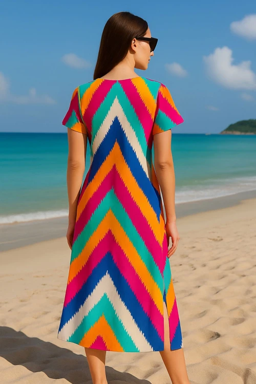 Fuşya V Yaka Önü Büzgülü Yanı Yırtmaçlı Desenli Dokuma Elbise BCPK-2510002