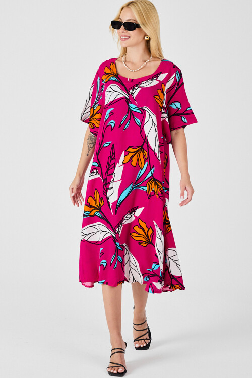 Fuşya Yaprak Desenli U Yaka Kısa Kollu Midi Boy Elbise BCVL-254011