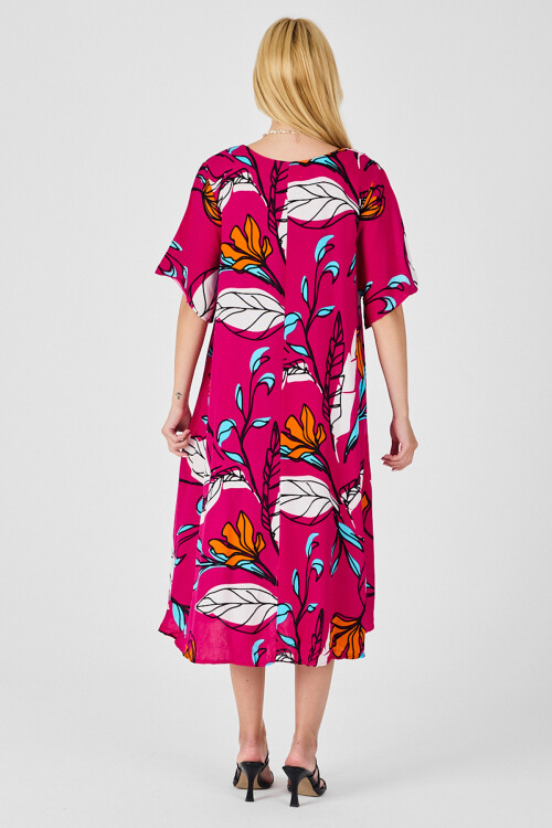 Fuşya Yaprak Desenli U Yaka Kısa Kollu Midi Boy Elbise BCVL-254011