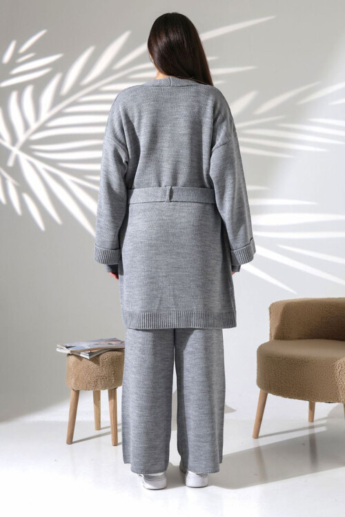 Gri Bisiklet Yaka Bluz, Hırka Ve Pantolon 3 Lü Triko Takım BCES-252041