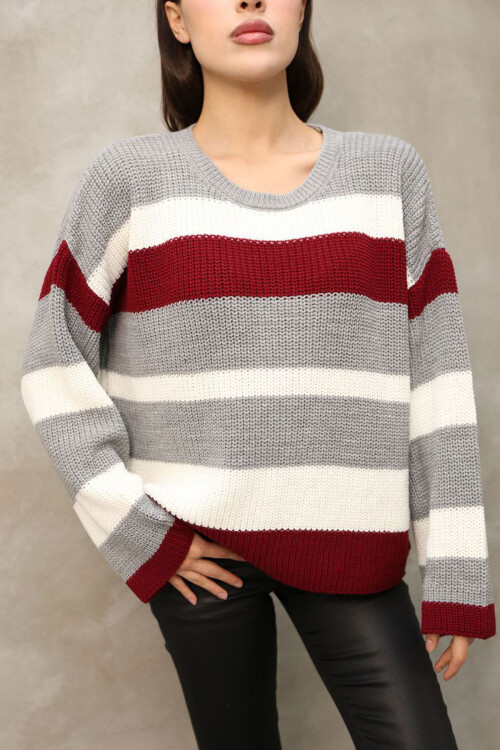 Gri Bisiklet Yaka Çizgi Desenli Triko Kazak BCES-252006